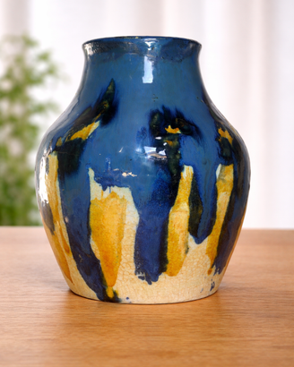 Vaso in ceramica belga smalto colato blu e giallo