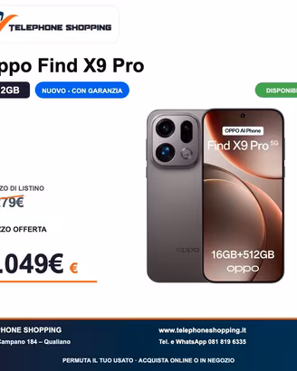 Oppo Find X9 Pro 16/512 GB, nuovo e disponibile.