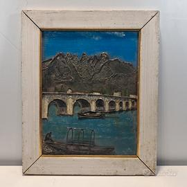 Antico Quadro Sbalzo su Lamiera Scorcio di Lecco