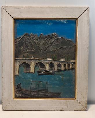 Antico Quadro Sbalzo su Lamiera Scorcio di Lecco