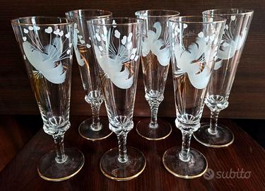 Sei Calici Vetro con Decoro Fiori Anni 60