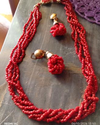 parure Collana orecchini vintagerosso corallo 