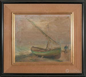 Dipinto Vintage Marina con Barca a Vela – Olio su 