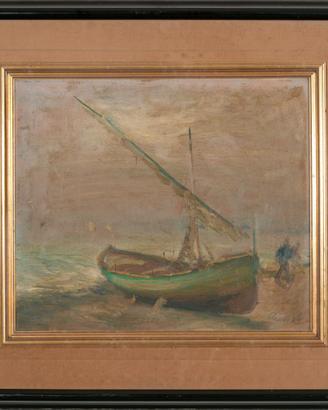 Dipinto Vintage Marina con Barca a Vela – Olio su 