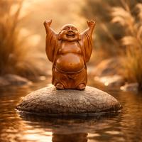 Statuetta vintage Buddha ridente (Hotei) in legno 