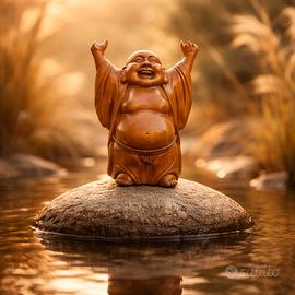 Statuetta vintage Buddha ridente (Hotei) in legno 