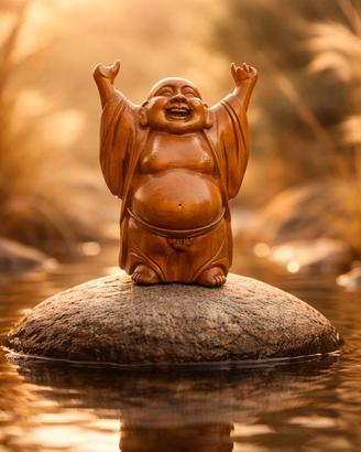 Statuetta vintage Buddha ridente (Hotei) in legno 