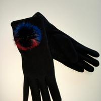 Guanti neri con pon pon in pelliccia 