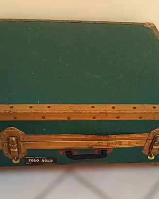 Raro Baule Valigia Vintage Verde Legno e Ottone