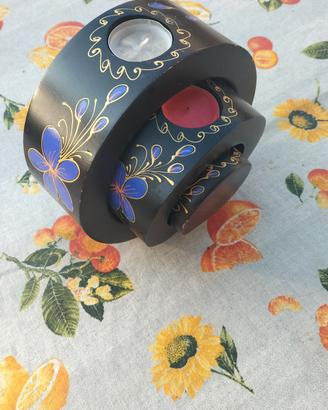 Porta candele ad anello legno decorato