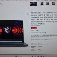 MSI Thin 15 B13UC-2059XIT, Notebook Gaming, 15.6"