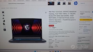 MSI Thin 15 B13UC-2059XIT, Notebook Gaming, 15.6"