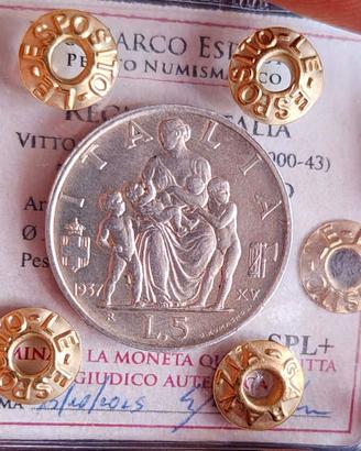 RARA 5 LIRE FAMIGLIA 1937  SPL+ PERIZIATA
