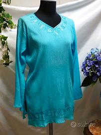Top boho maglia tunic corta donna celeste azzurra