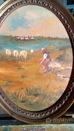 pittura ad olio su cornice ovale antica