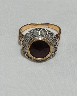Anello vintage in oro 18 kt con diamanti e granato