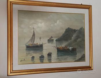 Quadro: Marina con pescatori e gozzi ormeggiati