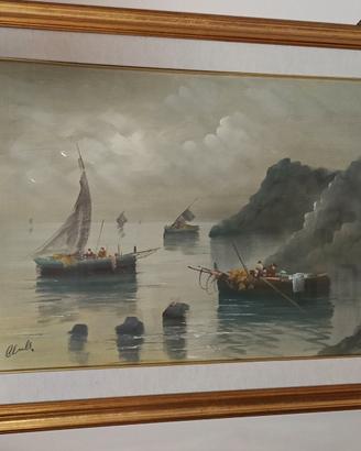Quadro: Marina con pescatori e gozzi ormeggiati