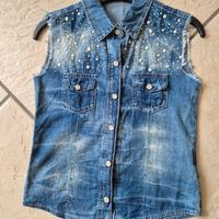 camicia Jeans smanicata Miss Lulu con perline 