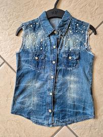 camicia Jeans smanicata Miss Lulu con perline 