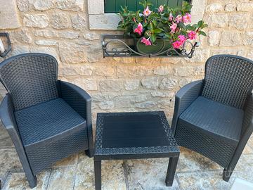 Set da giardino finto rattan (2 poltrone+tavolino)