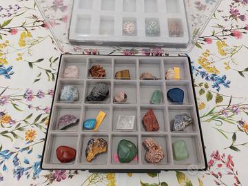 Collezione di minerali con raccoglitori