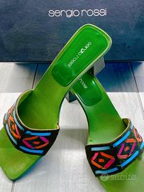 Sandali Sergio Rossi verdi con pelle di cavallino