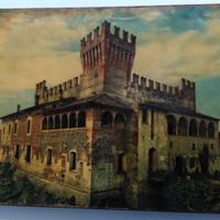 Antica foto castello Malpaga incollata su legno