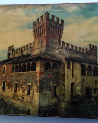 Antica foto castello Malpaga incollata su legno