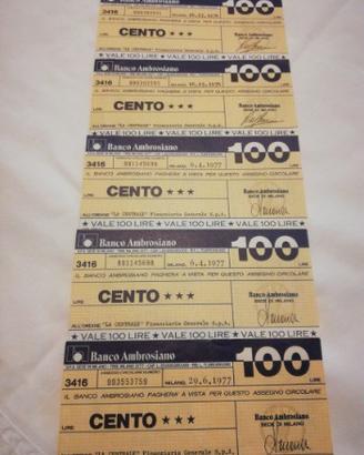 5 Miniassegni Banco Ambrosiano 100 lire 76 e 77