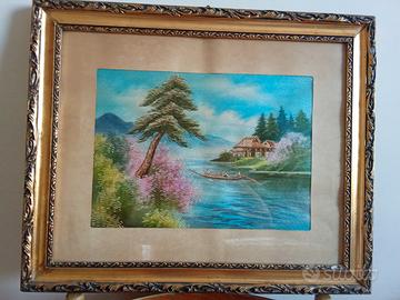 Quadro vintage ricamo su seta cornice dorata