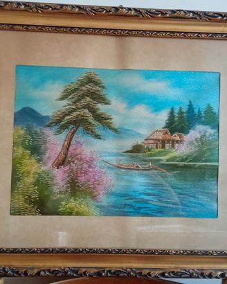 Quadro vintage ricamo su seta cornice dorata