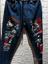 Jeans streetwear unisex – stampa Tupac / hip hop