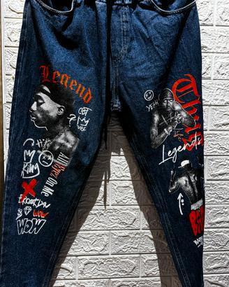 Jeans streetwear unisex – stampa Tupac / hip hop