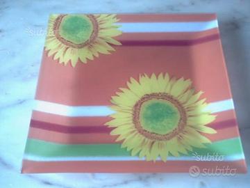 Piatto in vetro decorato arancione con girasoli