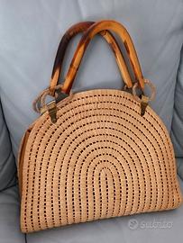 Borsa vintage in paglia/rafia manici in legno