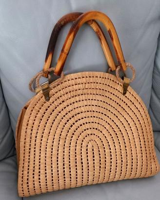 Borsa vintage in paglia/rafia manici in legno
