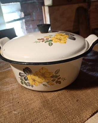pentola con fiori smaltata vintage 