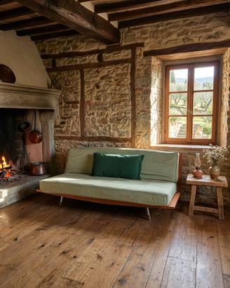 Divano letto verde con cornice in legno 