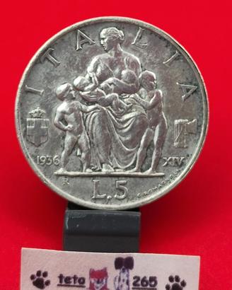 1936 Italia 5 Lire Fecondità Ag 835 5g