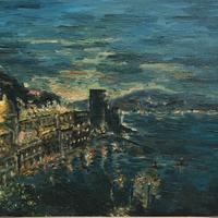 Veduta notturna Amalfi olio su masonite