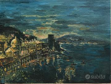 Veduta notturna Amalfi olio su masonite