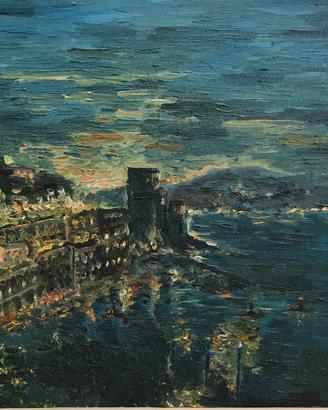 Veduta notturna Amalfi olio su masonite