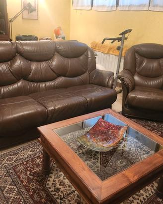 Divano + 2 poltrone in pelle marrone