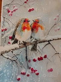 Acquerello. Pettirossi tra la neve