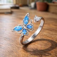 Anello farfalla blu, regolabile, acciaio inox