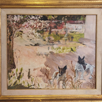 Quadro due jack rassell in giardino,olio