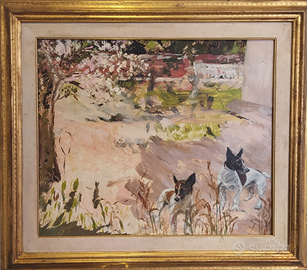 Quadro due jack rassell in giardino,olio