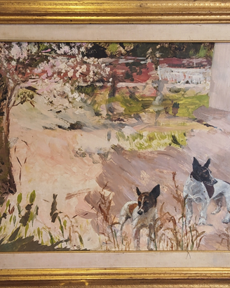 Quadro due jack rassell in giardino,olio