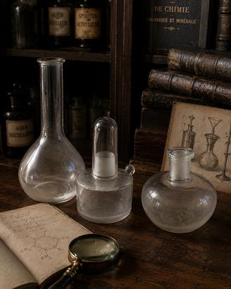 Antico set vetri laboratorio con spiritiera anni 3